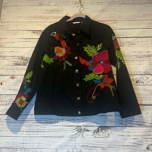Vintage Laura Ashley Black Denim Jacket with Floral Embroidery Size M